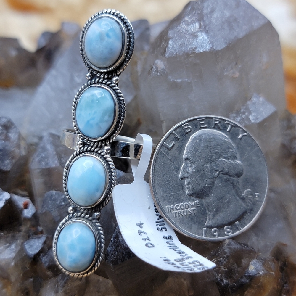 Sterling Silver Blue Larimar Ring Size 8 – 4 Stone Oval Cabochon Statement Ring - Picture 10 of 11